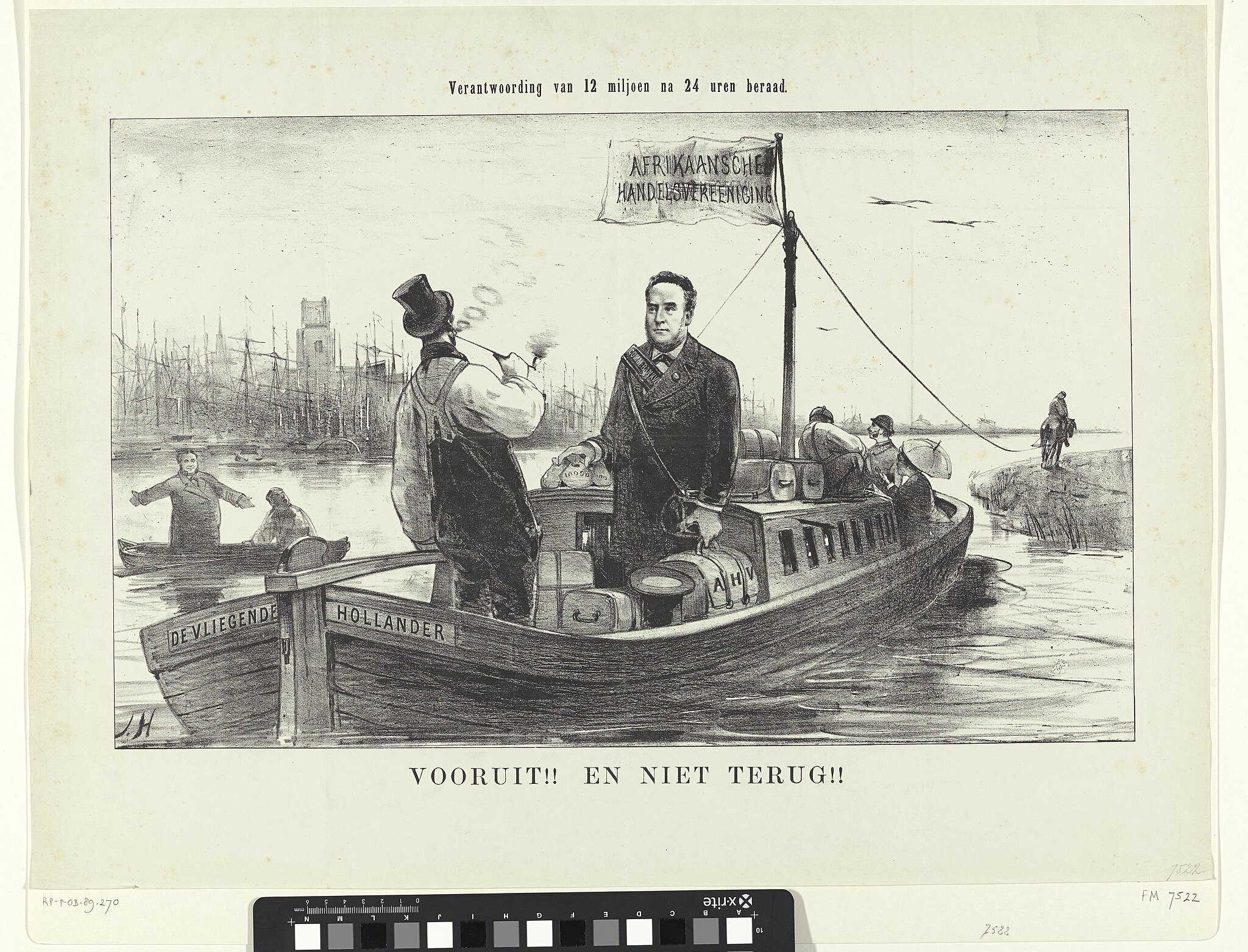 Spotprent op de vlucht van Lodewijk Pincoffs naar de Verenigde Staten, 15 mei 1879. Pincoffs staat in een trekschuit genaamd 'De Vliegende Hollander' met koffers en geldzakken. Links op het water zit in een klein bootje zijn mededirecteur A. Kerdijk. Prentmaker: Monogrammist JH (Nederland). (Rijksmuseum Amsterdam, RP-P-OB-89.270)  