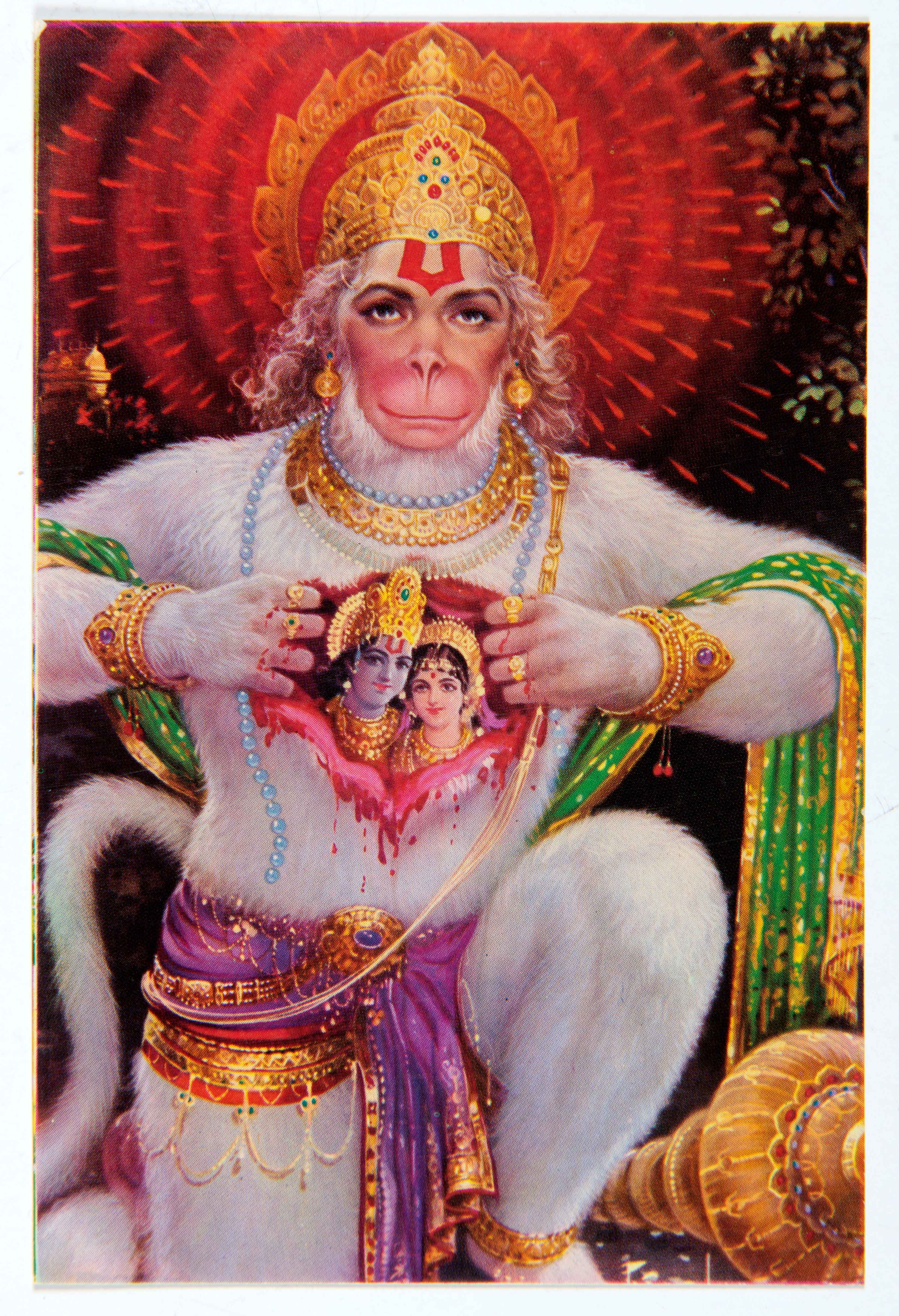 Een poster waarop te zien is dat Hanuman en Sita in zijn hart wonen. (7158-408) 