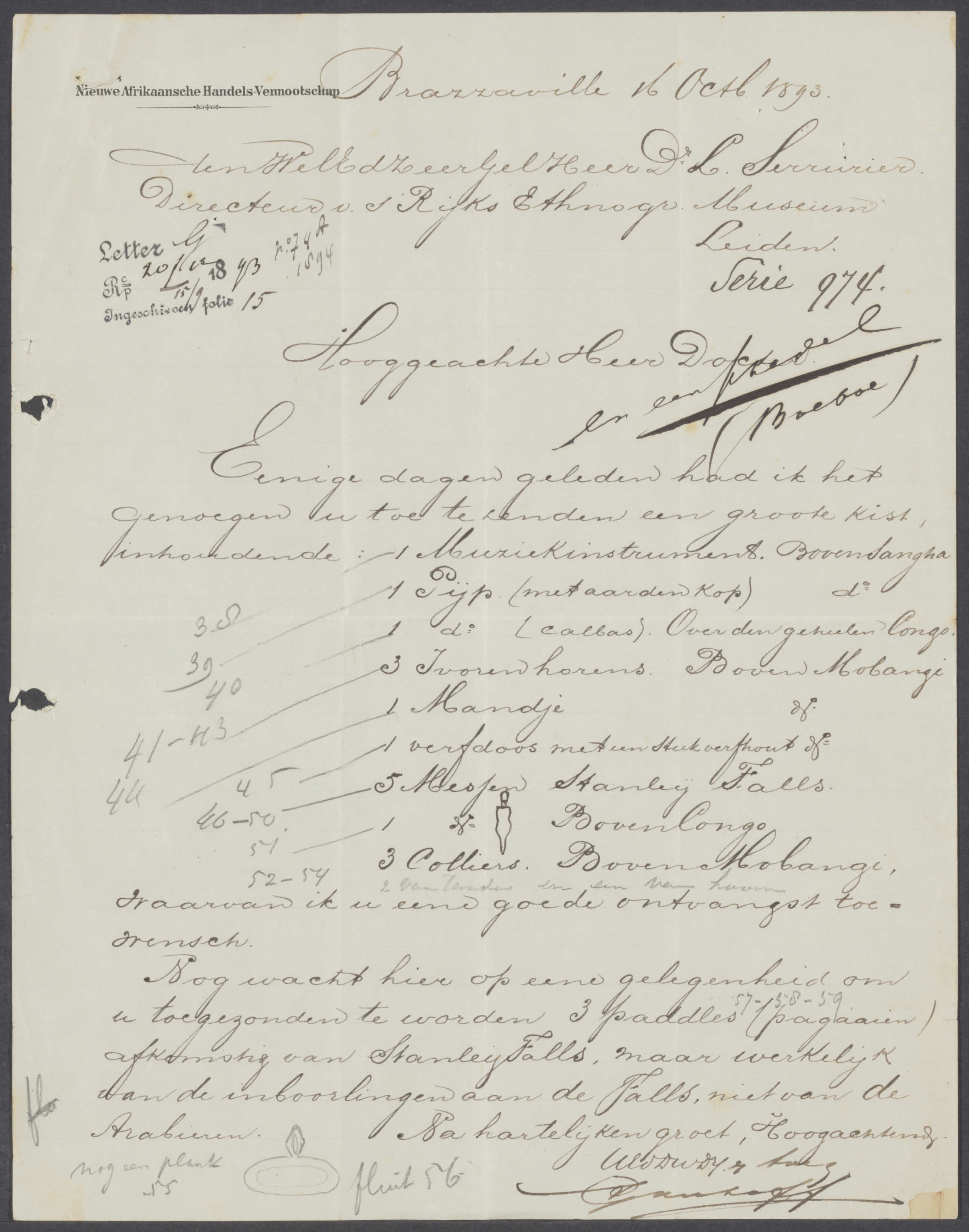 Eén van de vele brieven van Anton Greshoff  aan de toenmalige directeur Lindor Serrurier, in het archief van Wereldmuseum Leiden. Op 16 oktober 1893 kondigde hij de toezending aan van enkele etnografica uit Congo. (NL-LdnRMV-A1-19-120)