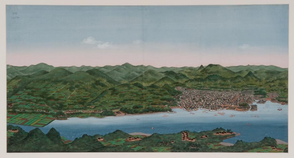 Panorama of the bay of Nagasaki (detail), with Deshima on the right, Kawahara Keiga, 1820s, inv. no. RV-360-7891